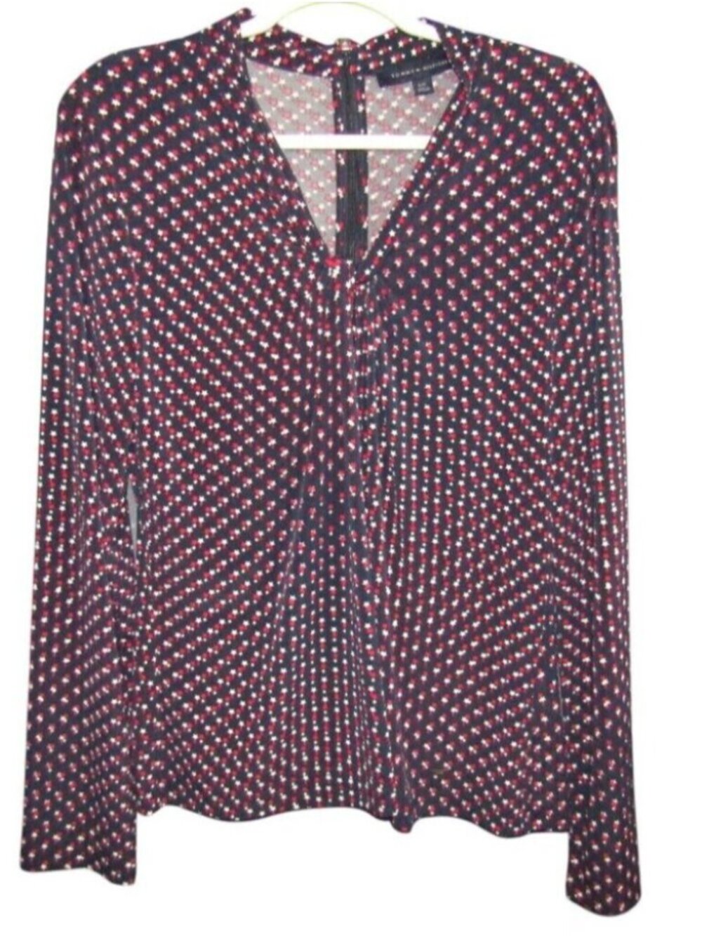 Tommy Hilfiger Navy Blue White Red Star Top Womens Size L Twist Front Zip Back